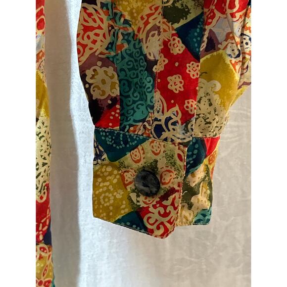 Robert Stock 100% Silk Button Up Small Colorful Geometric Floral Patchwork 90s - Picture 2 of 12